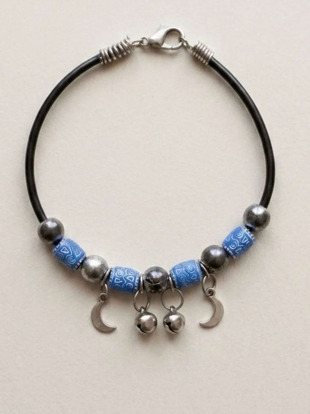Vintage Blue Beaded Moon Charm Bracelet Tribal Beads - Women’s Jewelry